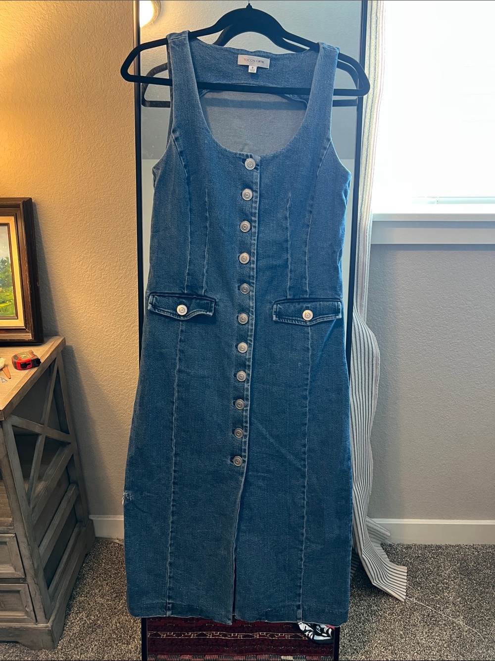 TOCCIN X RTR Button-Front Denim Midi Dress